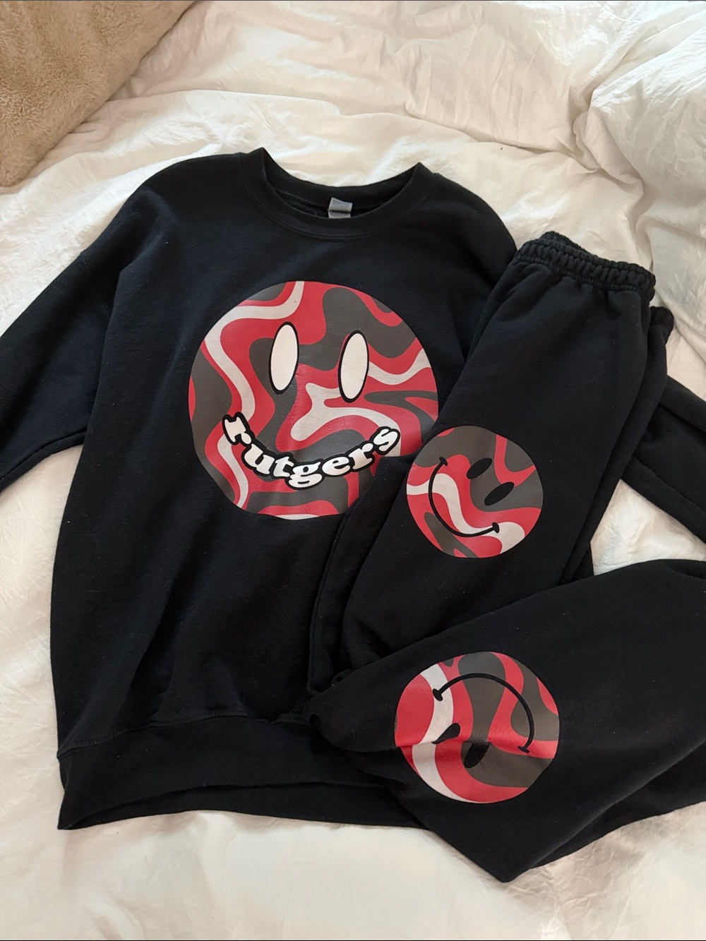 Rutgers Black Sweatshirt & Joggers Set with Red, White, Gray Smiley Graphics